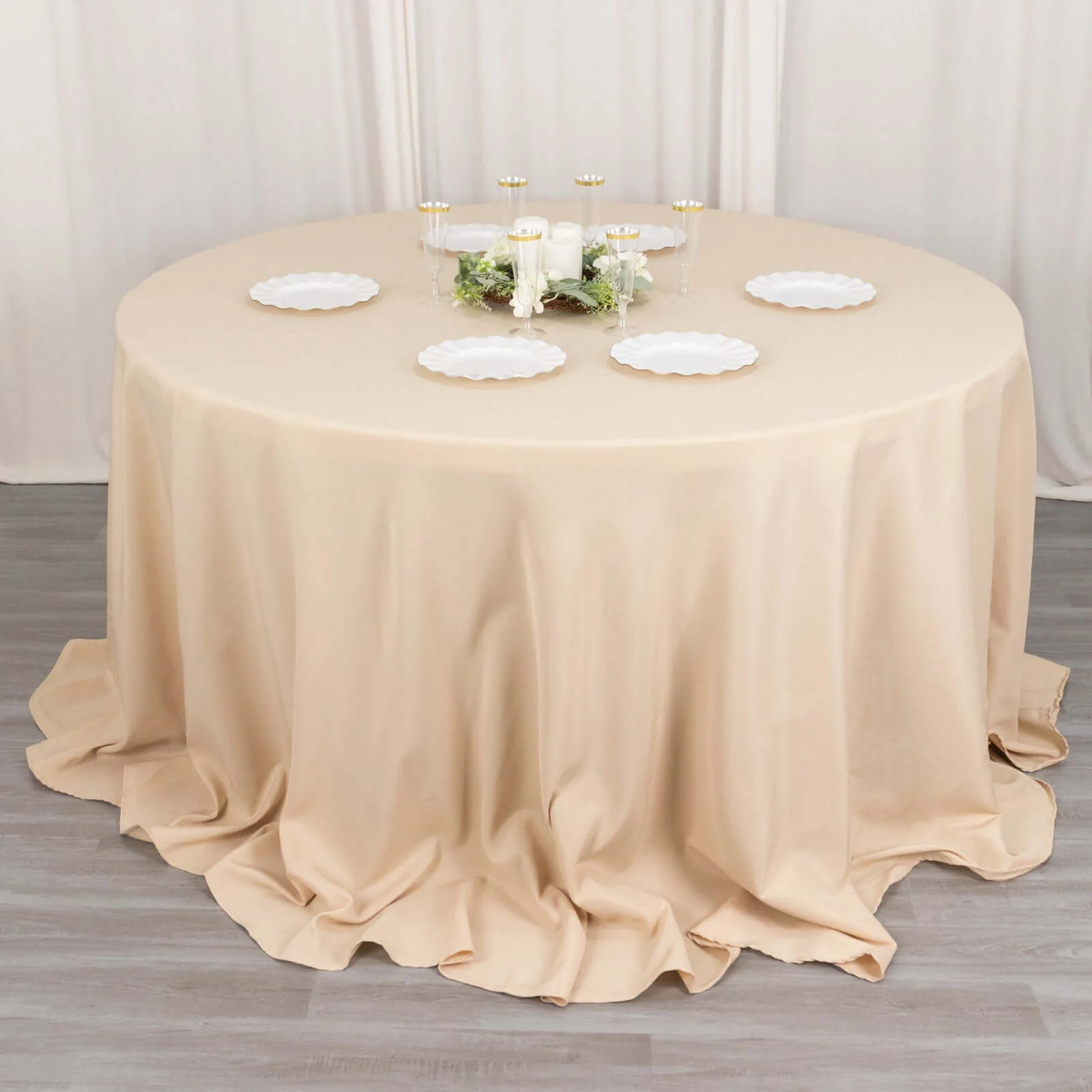 Premium Polyester Round Tablecloth 132" Beige - Seamless 220GSM Table Cover - Image 3