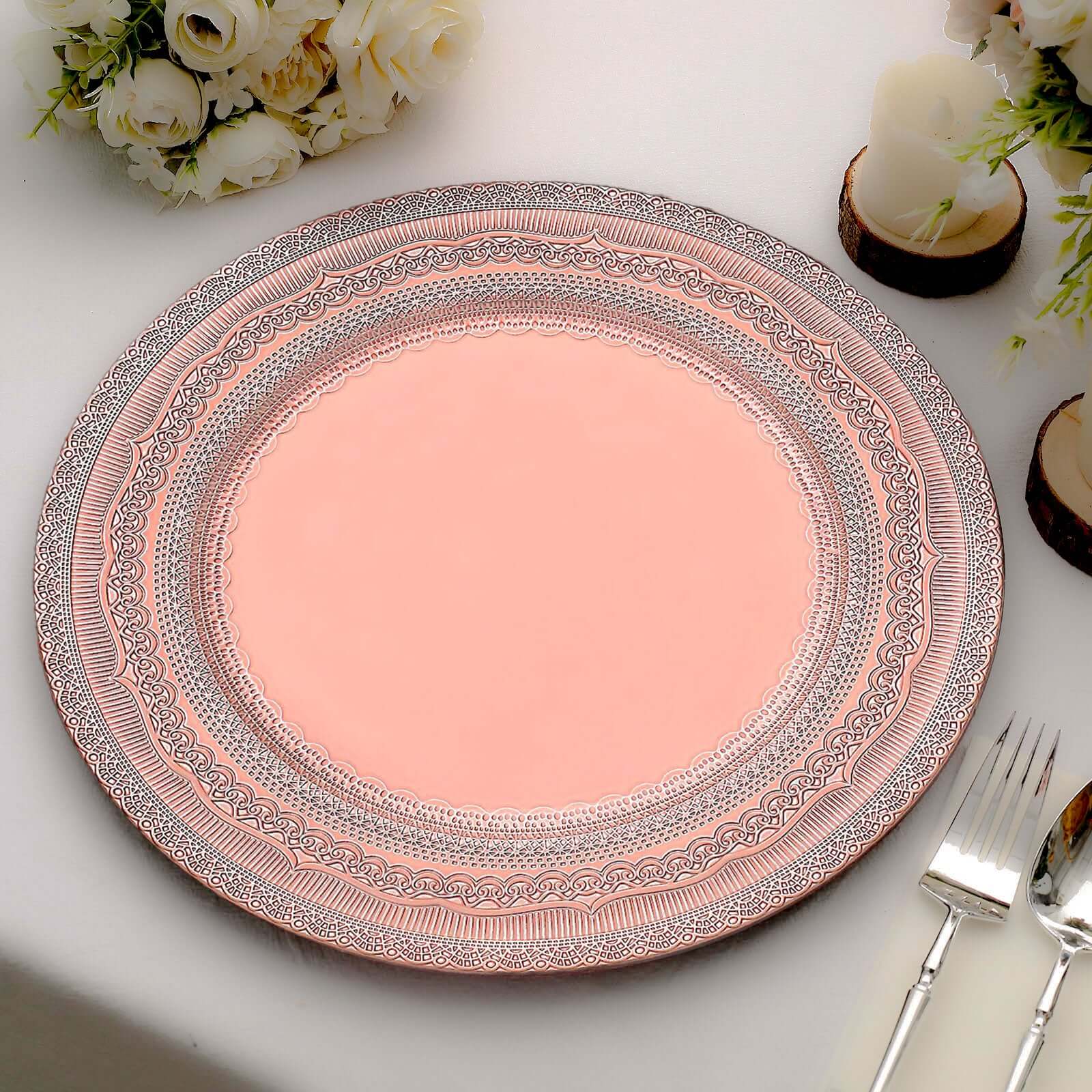 6-Pack Acrylic Charger Plates 13" Round Rose Gold Lace Embossed Rim - Rustic Plastic Charger Tableware - Image 2
