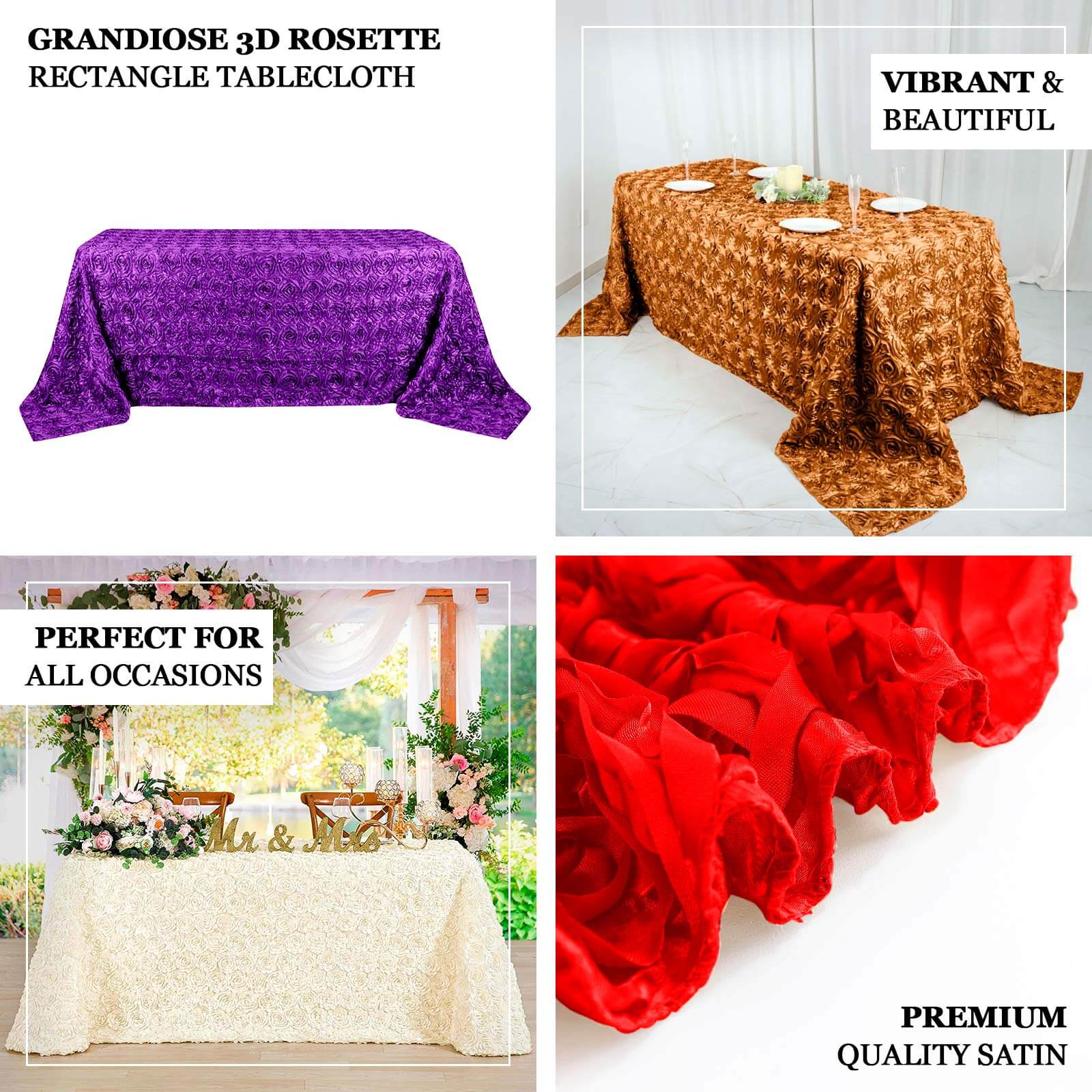 Satin Rectangle Tablecloth 90"x132" Purple - Grandiose 3D Rosette Table Cover - Image 3