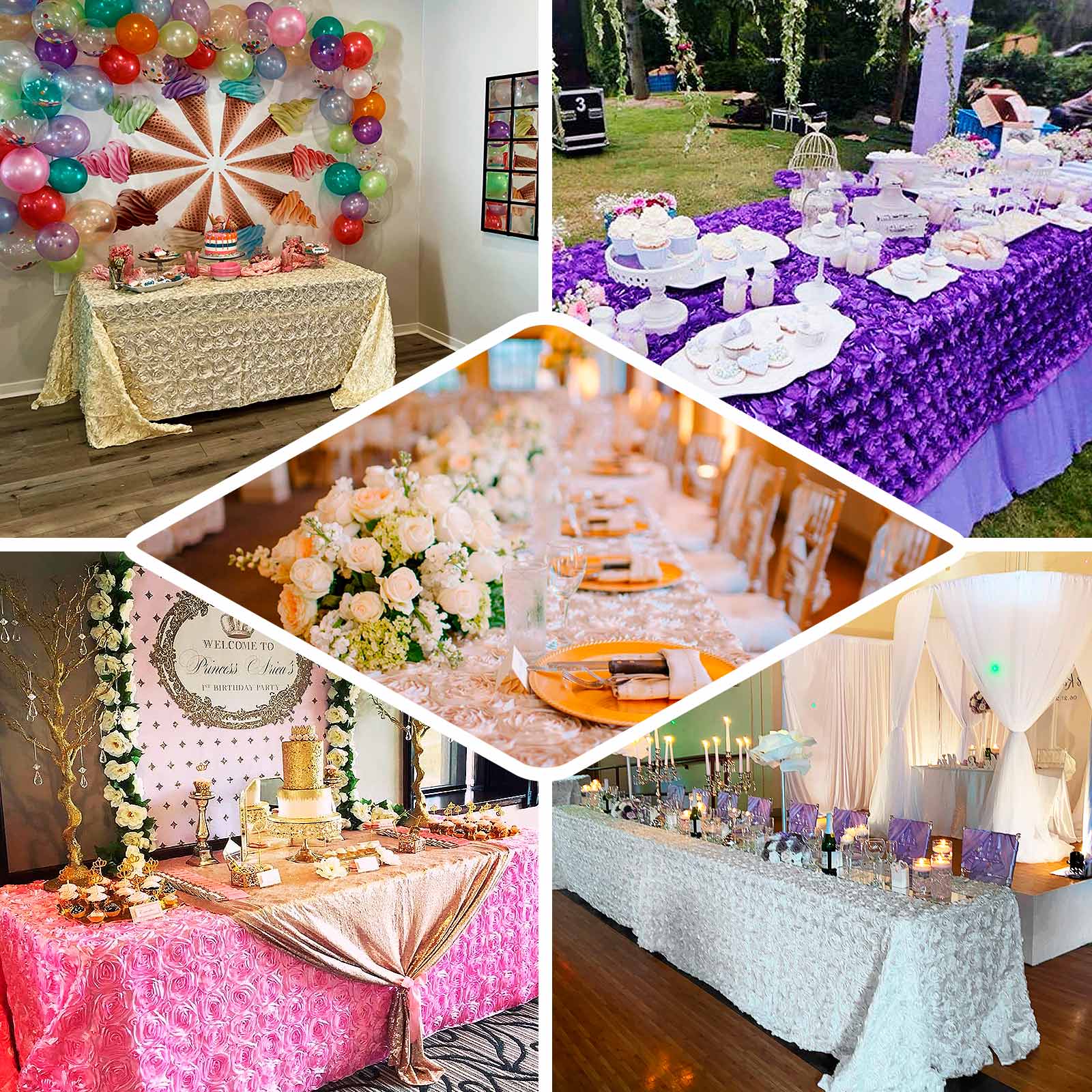 Satin Rectangle Tablecloth 90"x132" Purple - Grandiose 3D Rosette Table Cover - Image 4