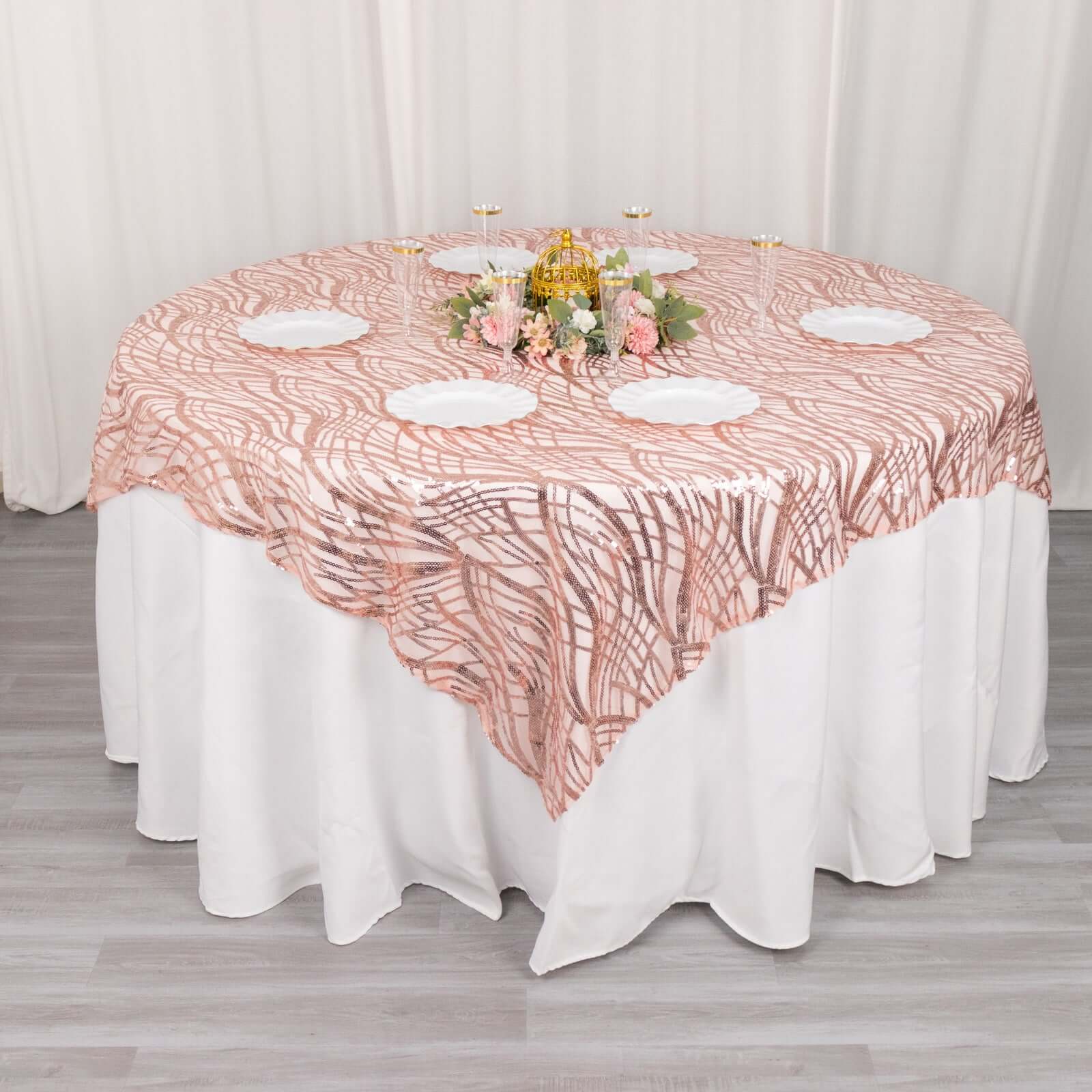 Sequin Mesh Table Overlay 72"x72" Blush Wave Embroidered Table Topper - Image 3