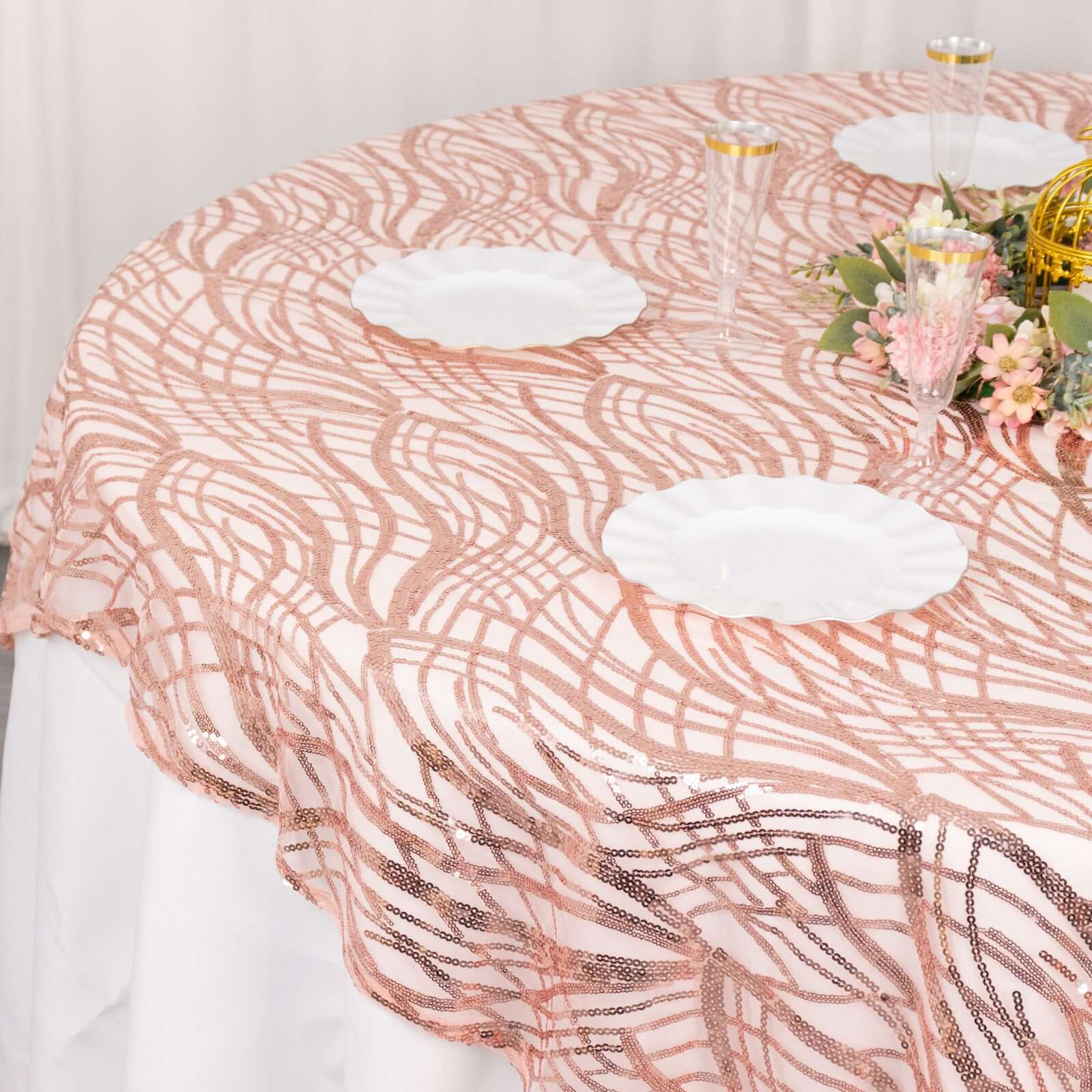 Sequin Mesh Table Overlay 72"x72" Blush Wave Embroidered Table Topper - Image 4