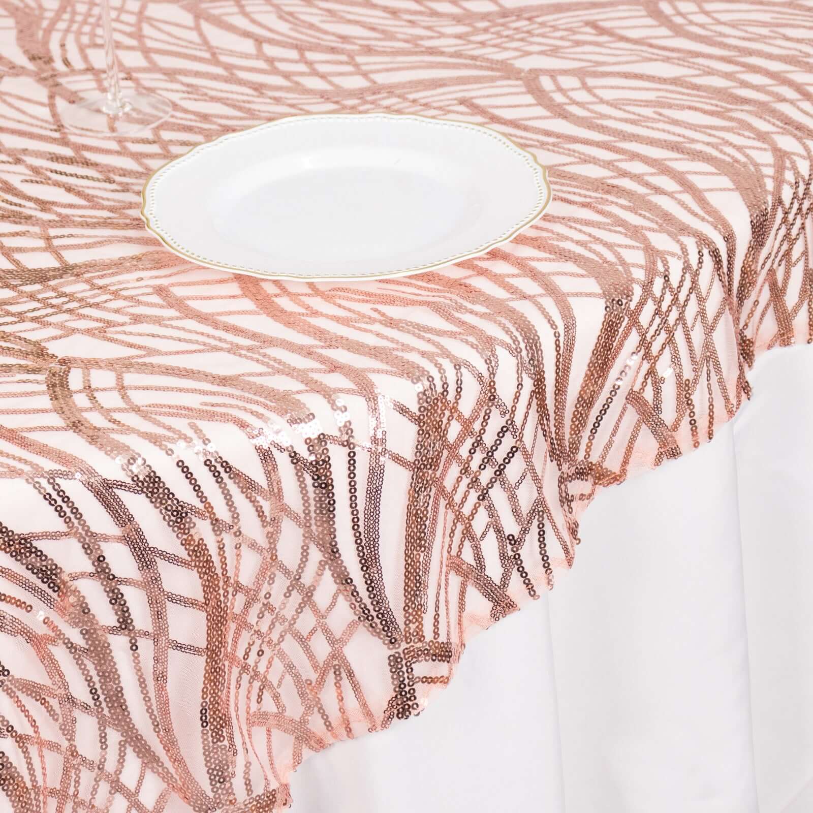 Sequin Mesh Table Overlay 72"x72" Blush Wave Embroidered Table Topper - Image 5