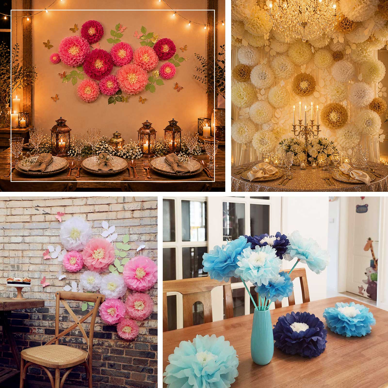 Set of 21 Tissue Paper Pom Poms Decor Kit – White Blue 3D Chrysanth Floral Wall Decor with Butterflies & Olive Leaves - 8",10",12" - Image 5