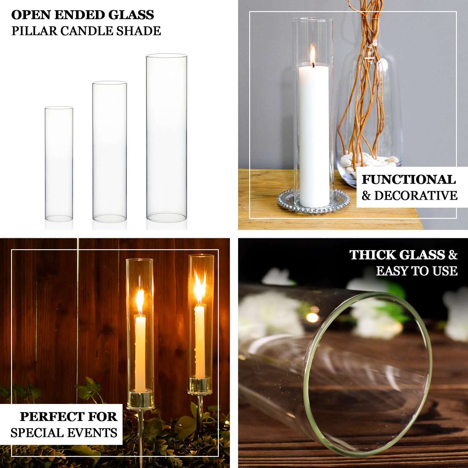 Set of 3 Glass Candle Sleeves Hurricane Shades 15", 17", 19" Clear - Versatile 3.5" Wide Pillar Candle Holders Table Centerpiece for Events - Image 4