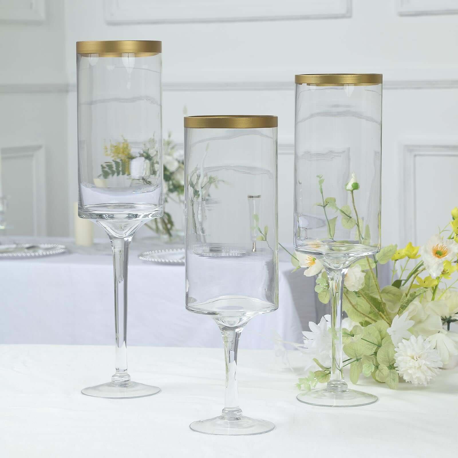 Set of 3 Glass Hurricane Candle Holders Long Stem 16", 18", 20" Clear with Gold Rim - Cylindrical Pedestal Wedding Centerpieces - Image 10
