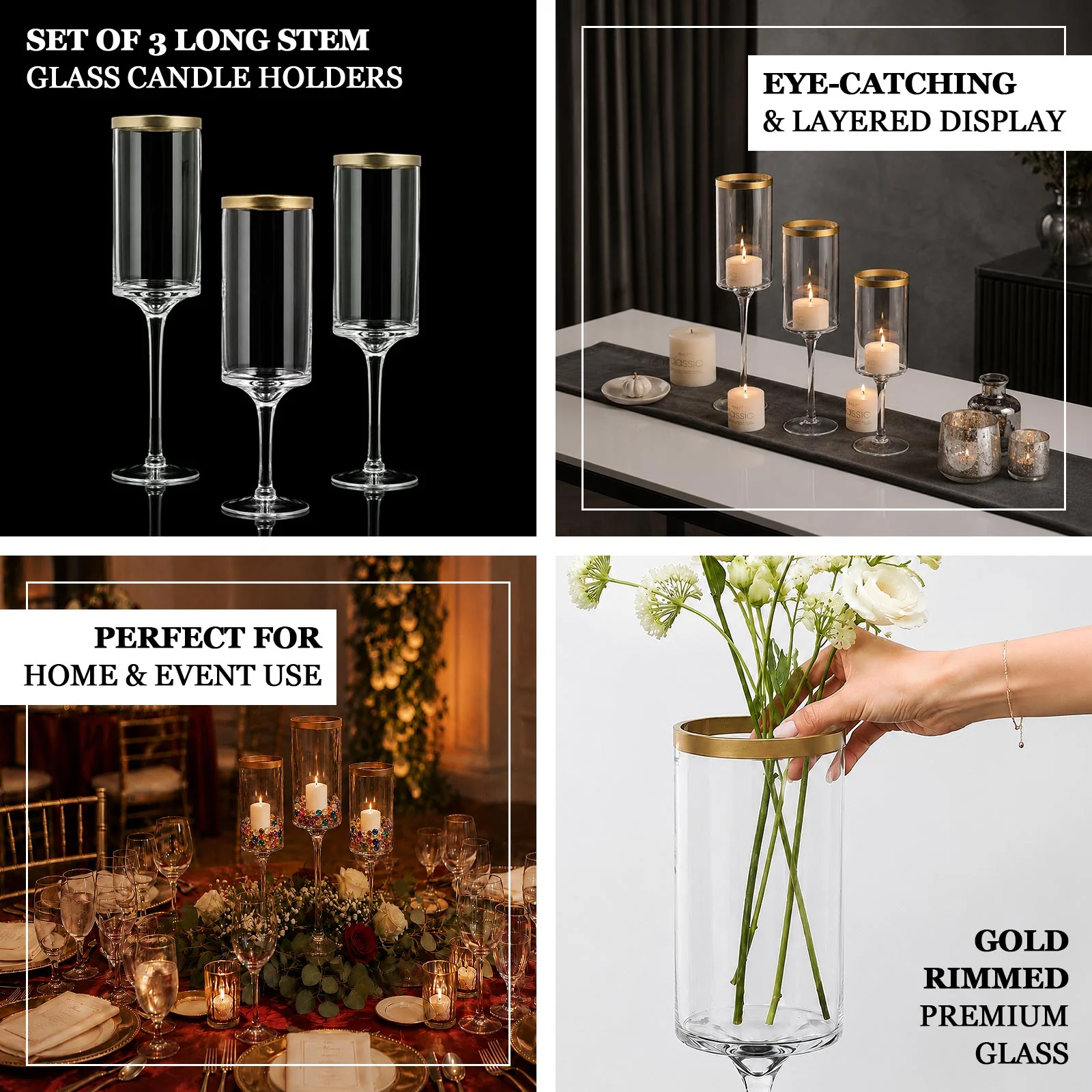 Set of 3 Glass Hurricane Candle Holders Long Stem 16", 18", 20" Clear with Gold Rim - Cylindrical Pedestal Wedding Centerpieces - Image 4