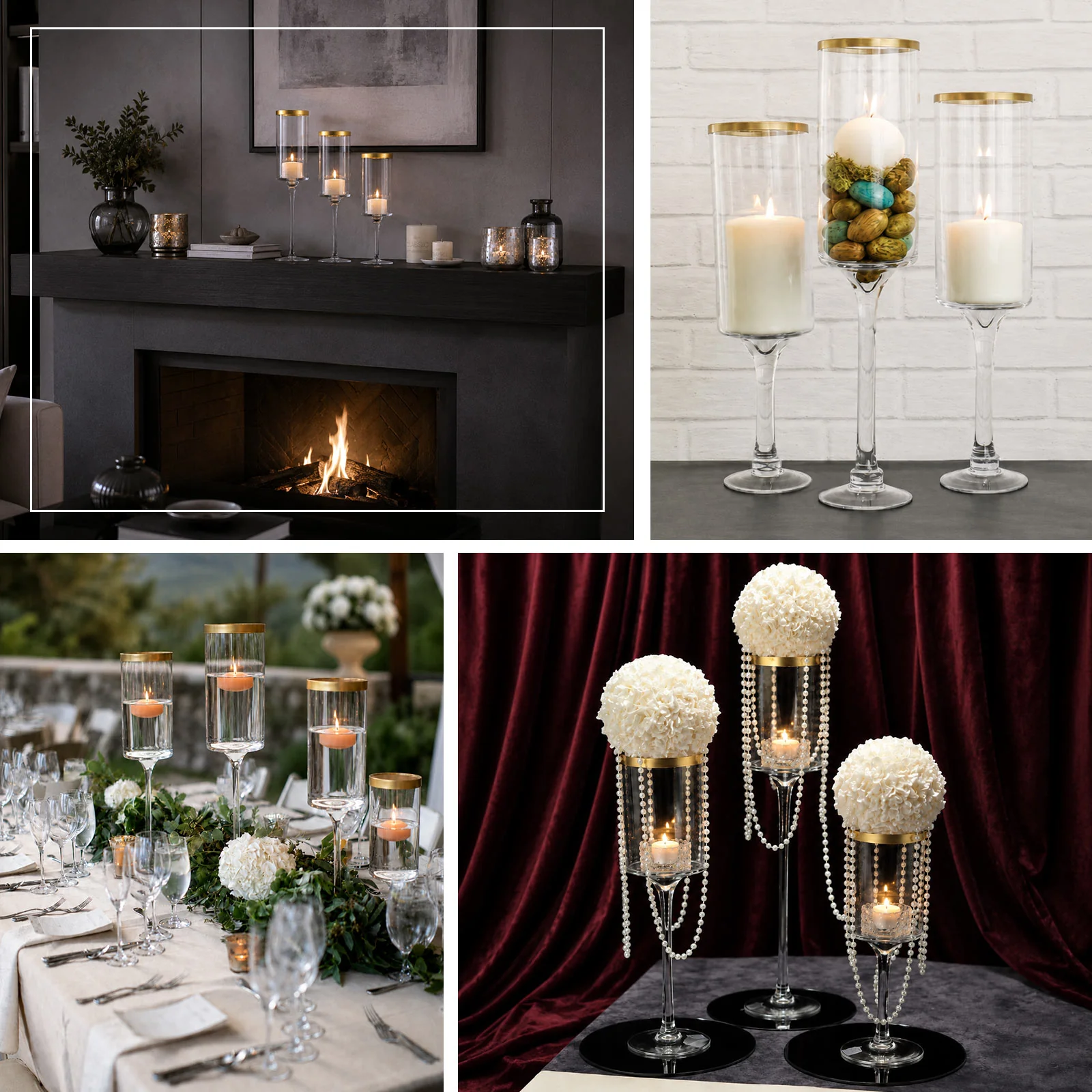 Set of 3 Glass Hurricane Candle Holders Long Stem 16", 18", 20" Clear with Gold Rim - Cylindrical Pedestal Wedding Centerpieces - Image 5