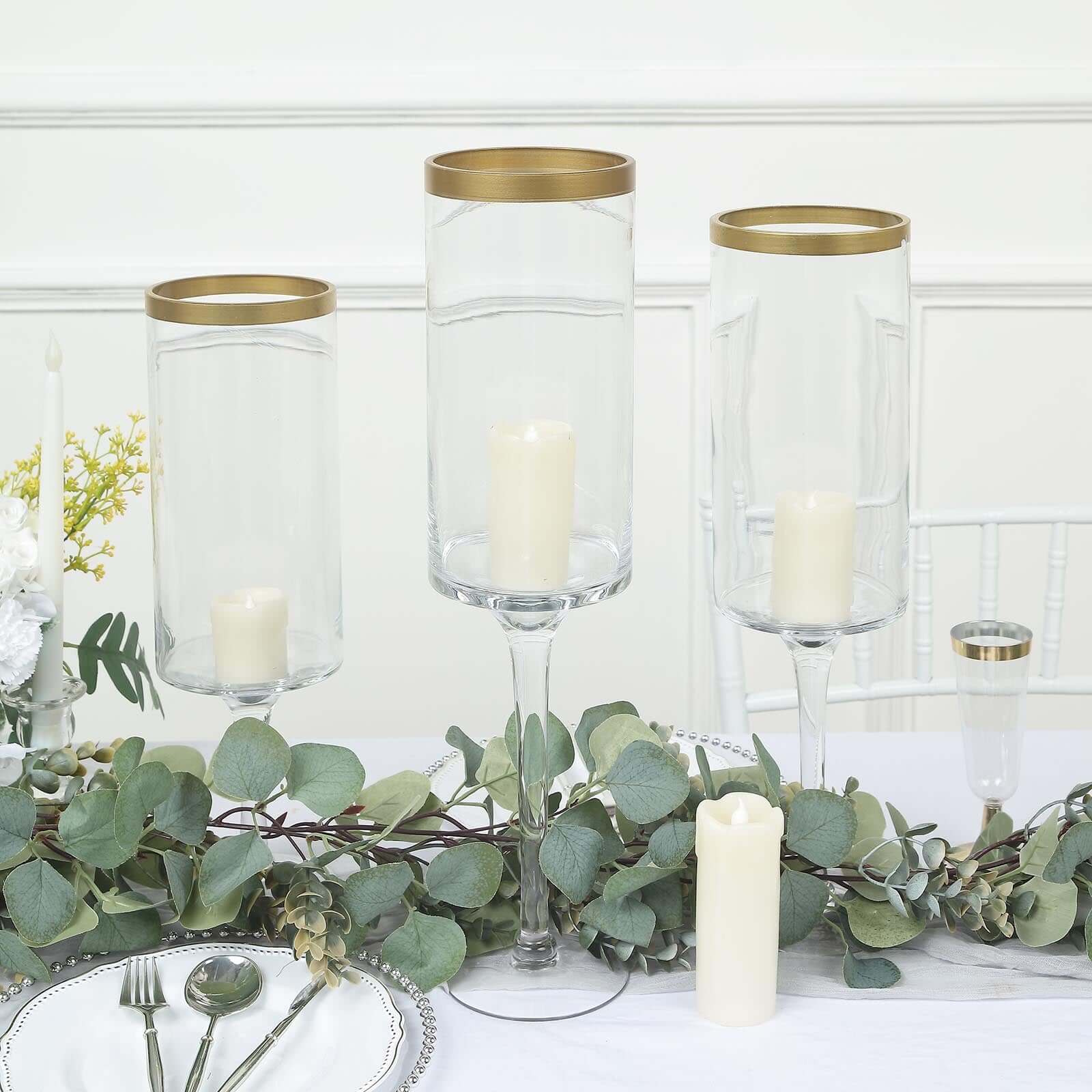 Set of 3 Glass Hurricane Candle Holders Long Stem 16", 18", 20" Clear with Gold Rim - Cylindrical Pedestal Wedding Centerpieces - Image 6