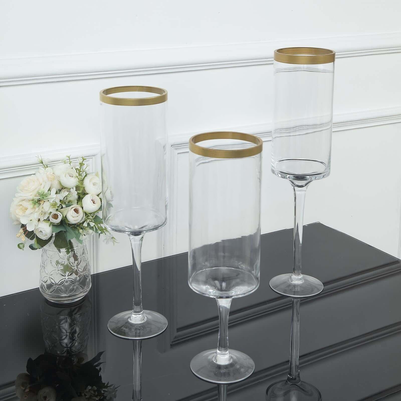Set of 3 Glass Hurricane Candle Holders Long Stem 16", 18", 20" Clear with Gold Rim - Cylindrical Pedestal Wedding Centerpieces - Image 7