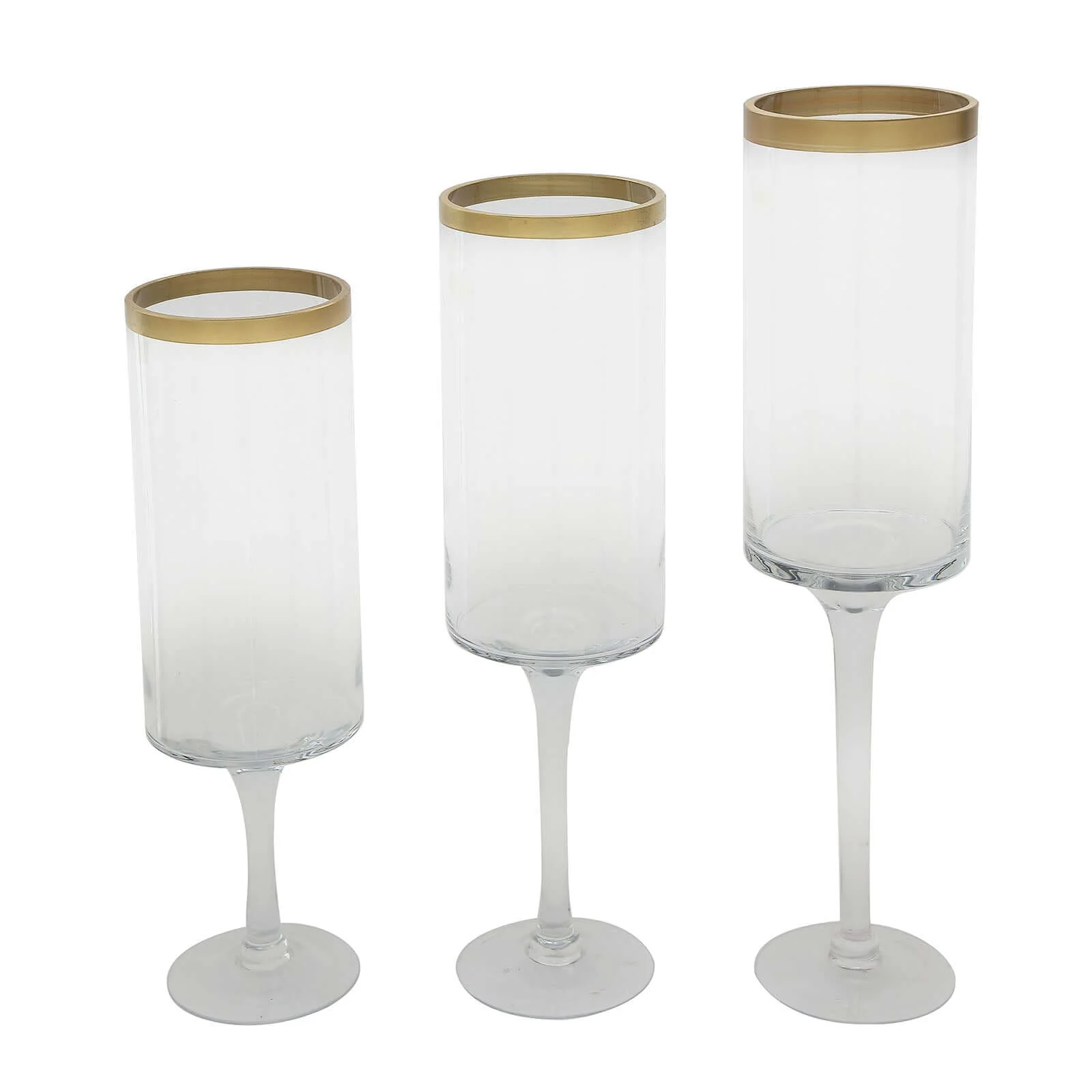 Set of 3 Glass Hurricane Candle Holders Long Stem 16", 18", 20" Clear with Gold Rim - Cylindrical Pedestal Wedding Centerpieces - Image 8