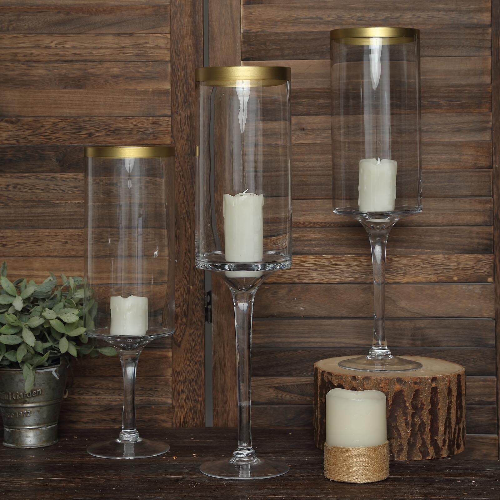 Set of 3 Glass Hurricane Candle Holders Long Stem 16", 18", 20" Clear with Gold Rim - Cylindrical Pedestal Wedding Centerpieces - Image 9