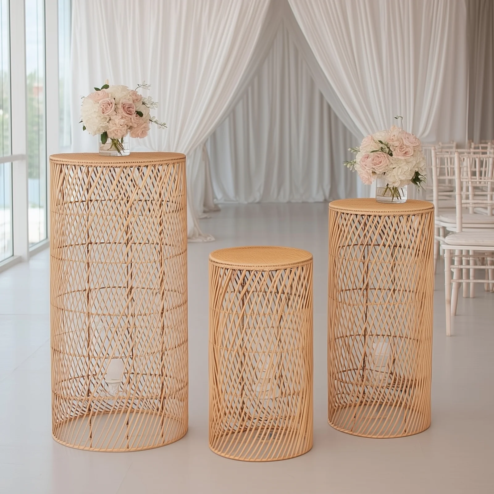 Set of 3 Natural Woven Rattan Wicker Floor Lamp Shades with Wave Patterns, Rustic Farmhouse Cylinder Pedestal Display Stands With Plug In Light Cord - 19",27",33" - Image 11