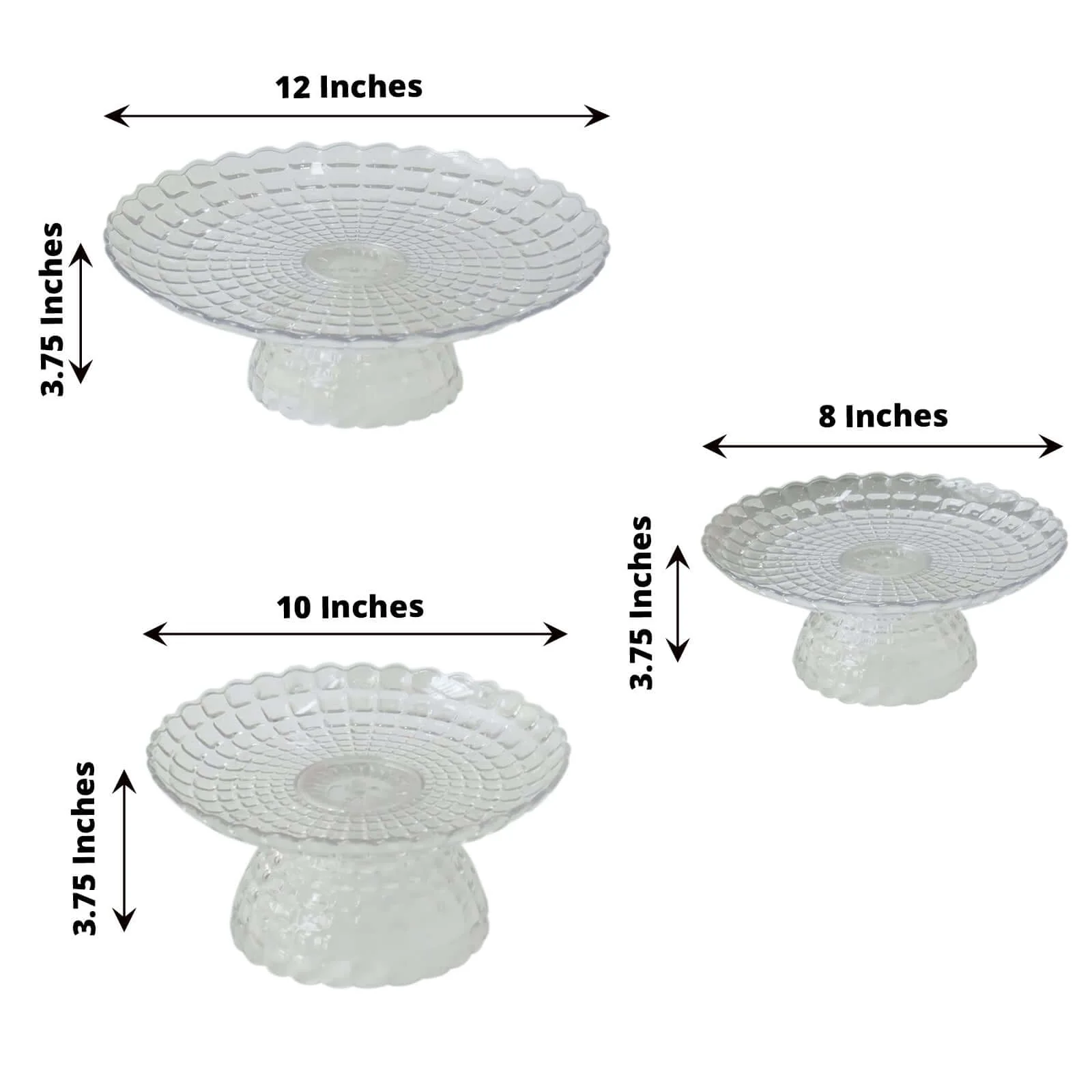Set of 3 Plastic Cupcake Stands 8", 10", 12" Clear Pressed Glass Pattern with Scalloped Edges - Contemporary Versatile & Stackable Cake Dessert Pedestal Display Risers - Image 3