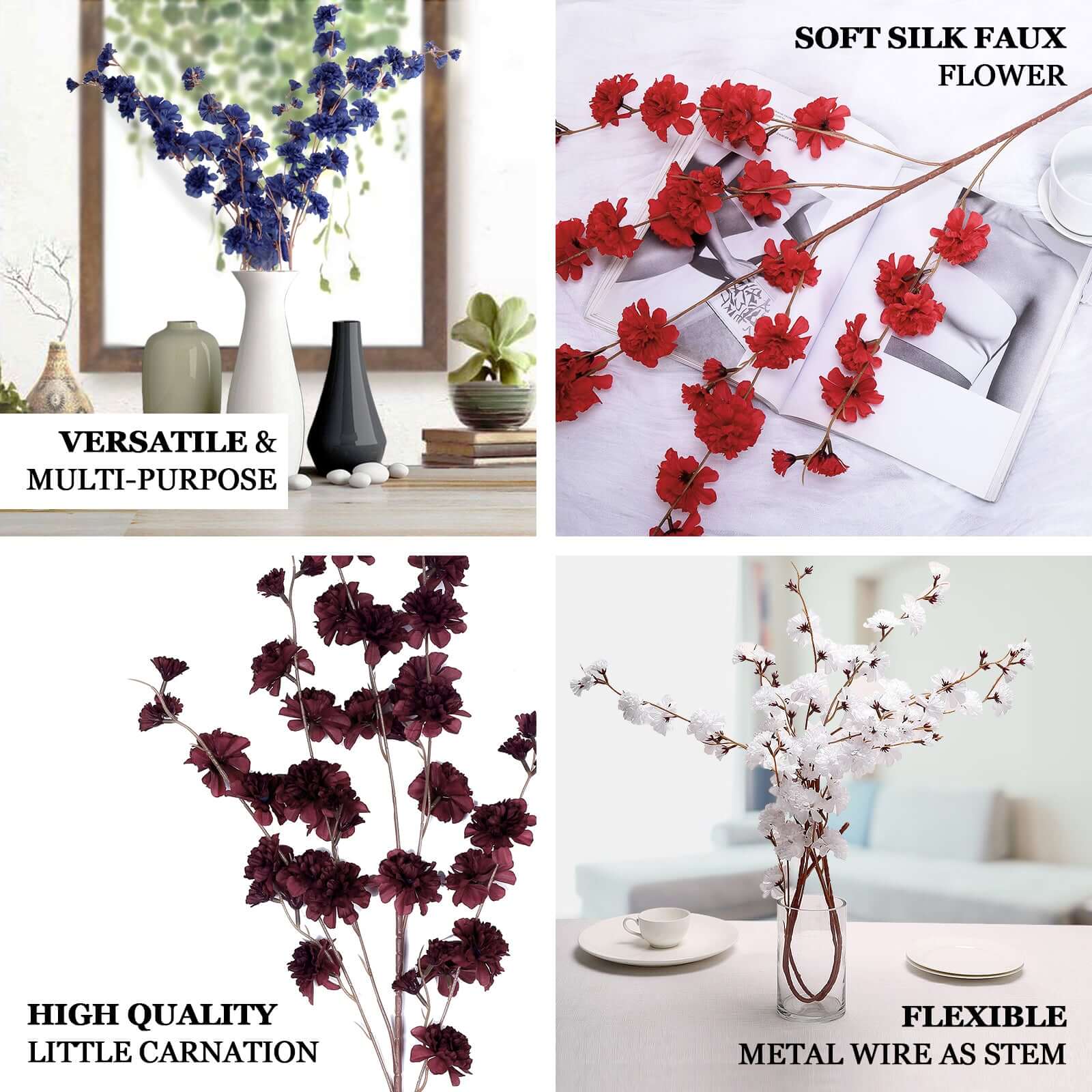 2 Branches Terracotta (Rust) Artificial Silk Carnation Flower Stems 42" Tall - Image 4
