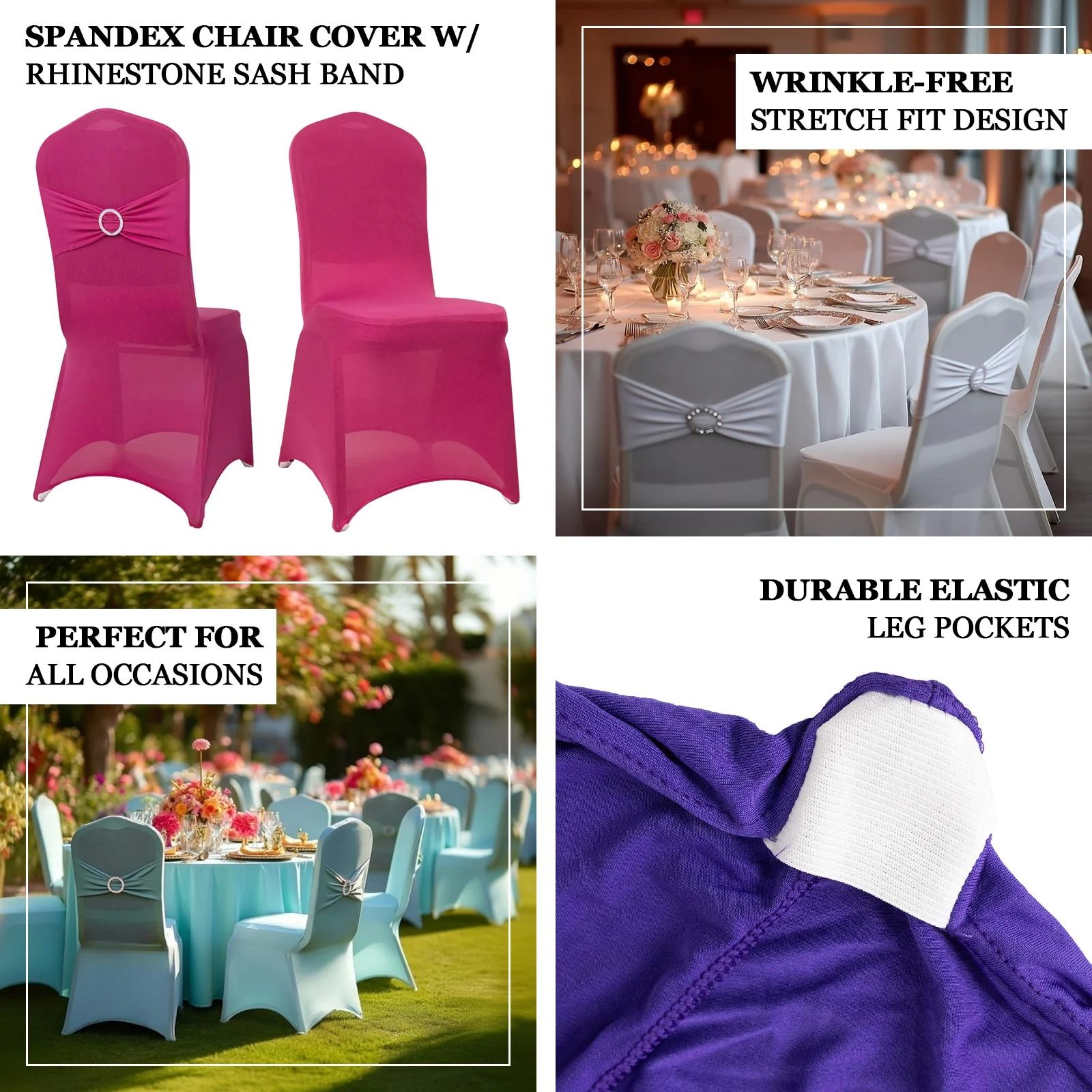 Spandex Banquet Chair Cover Fuchsia with Silver Rhinestone Buckled Sash Band - Stretched Fitted Slip-On Slipcover - Image 4