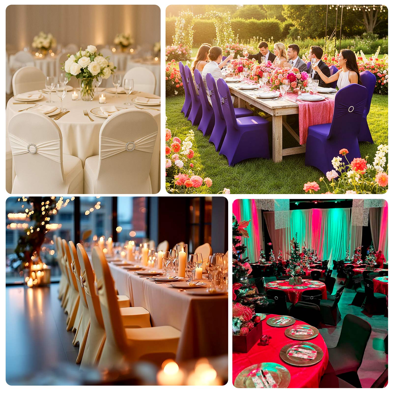 Spandex Banquet Chair Cover Fuchsia with Silver Rhinestone Buckled Sash Band - Stretched Fitted Slip-On Slipcover - Image 5