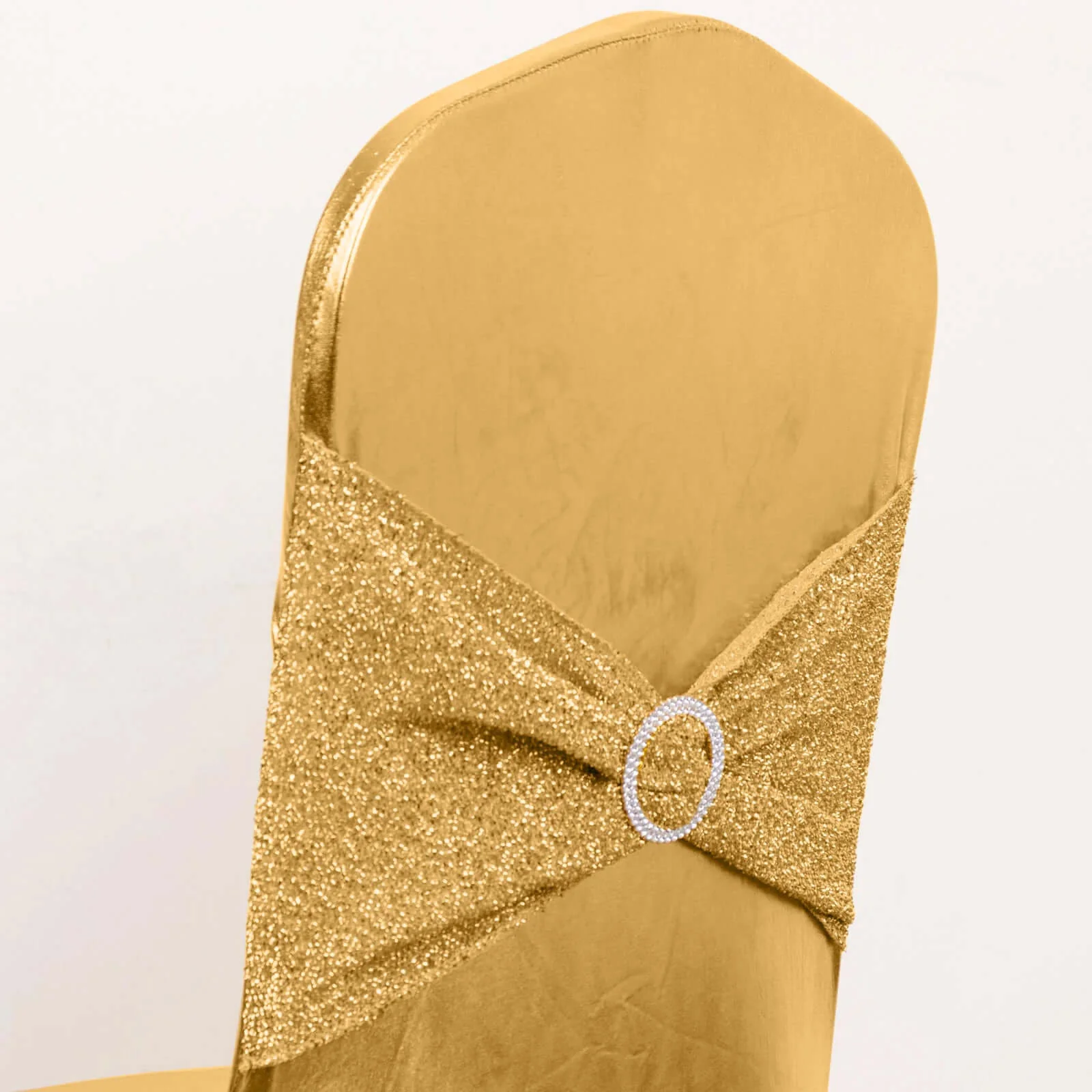 Spandex Banquet Chair Cover Metallic Gold Tinsel with Attached Sash and Silver Rhinestone Buckle - Shimmering Premium Fitted Design - Image 2