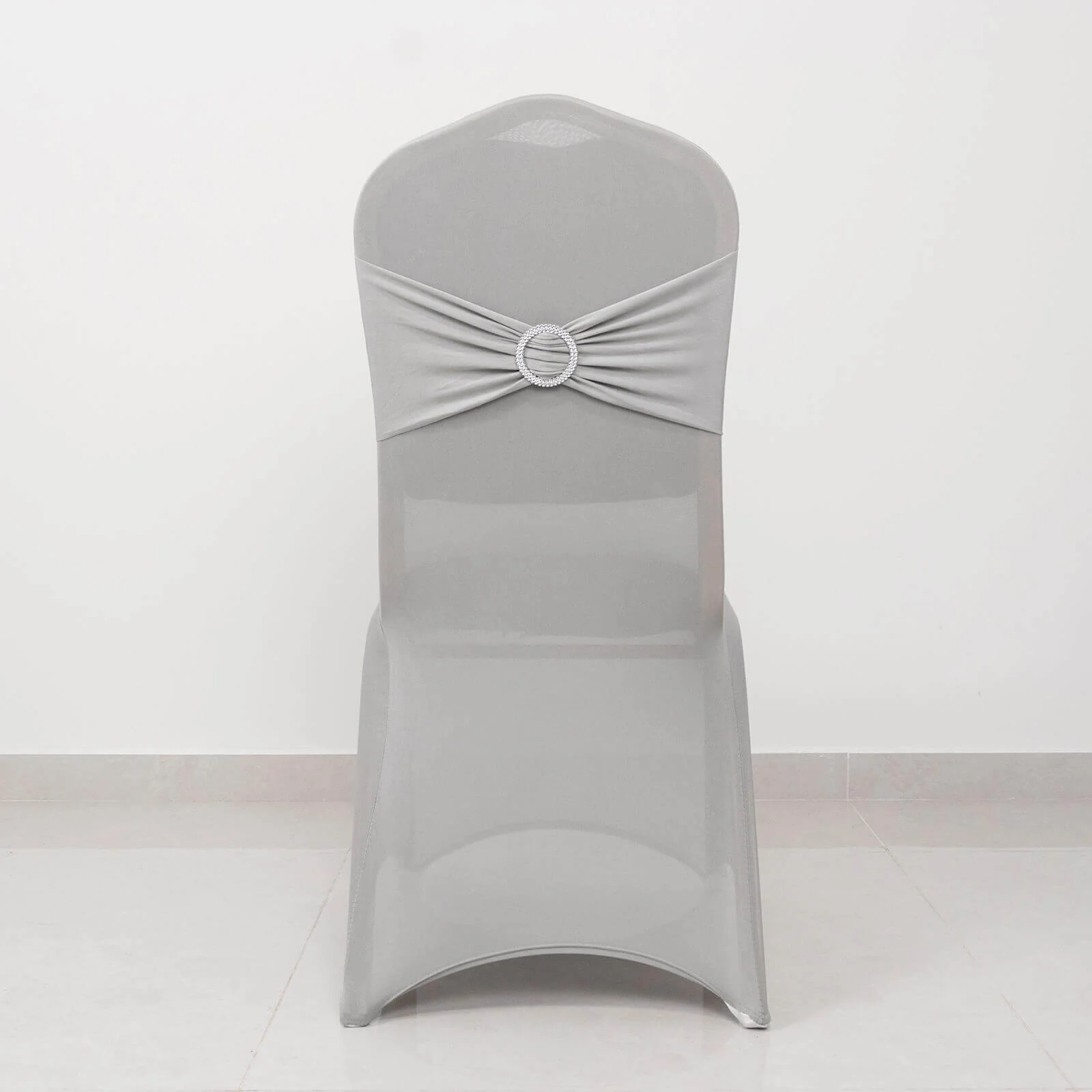 Spandex Banquet Chair Cover Silver with Rhinestone Buckled Sash Band - Stretched Fitted Slip-On Slipcover - Image 2
