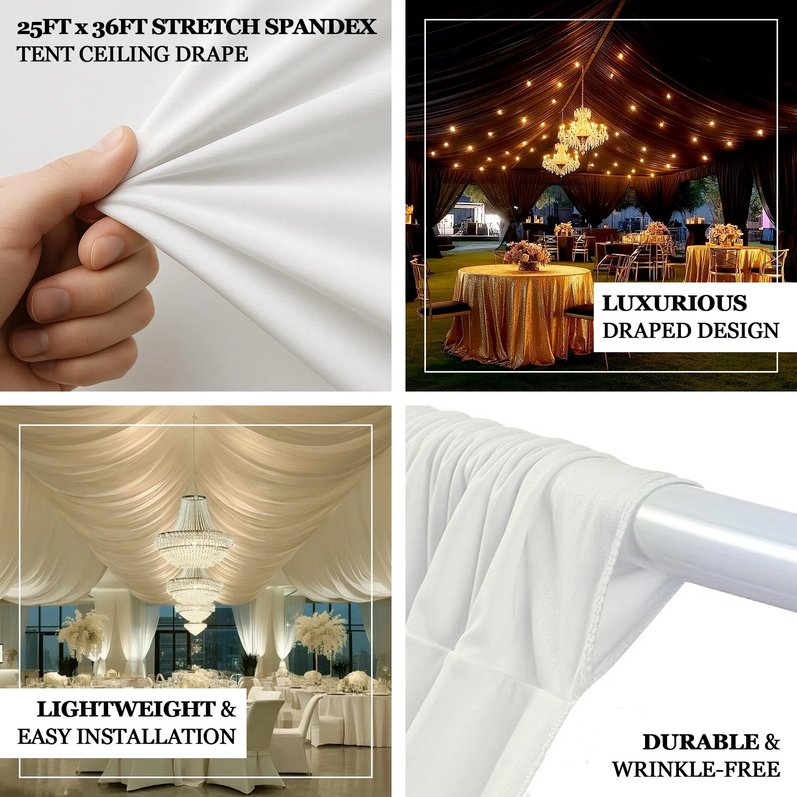 Stretch Spandex Tent Ceiling Drape – 25ft x 36ft, Ivory 100GSM Wrinkle-Free Fabric Ceiling Liner with Pole Pockets, Standard - Image 4