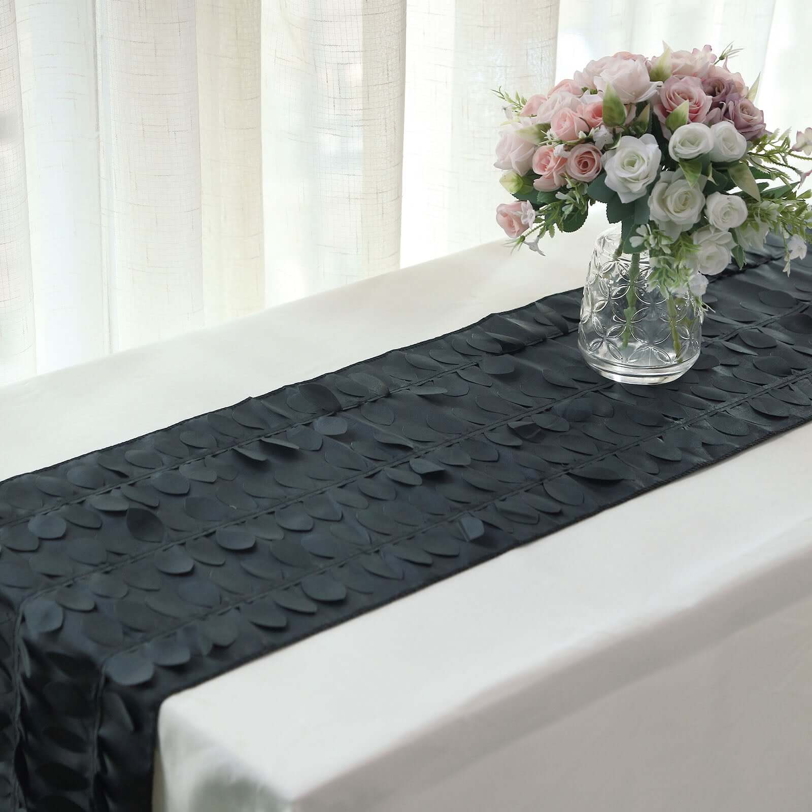Taffeta Fabric Table Runner 12"x108" Black 3D Leaf Petal - Chic Wedding Decor - Image 10