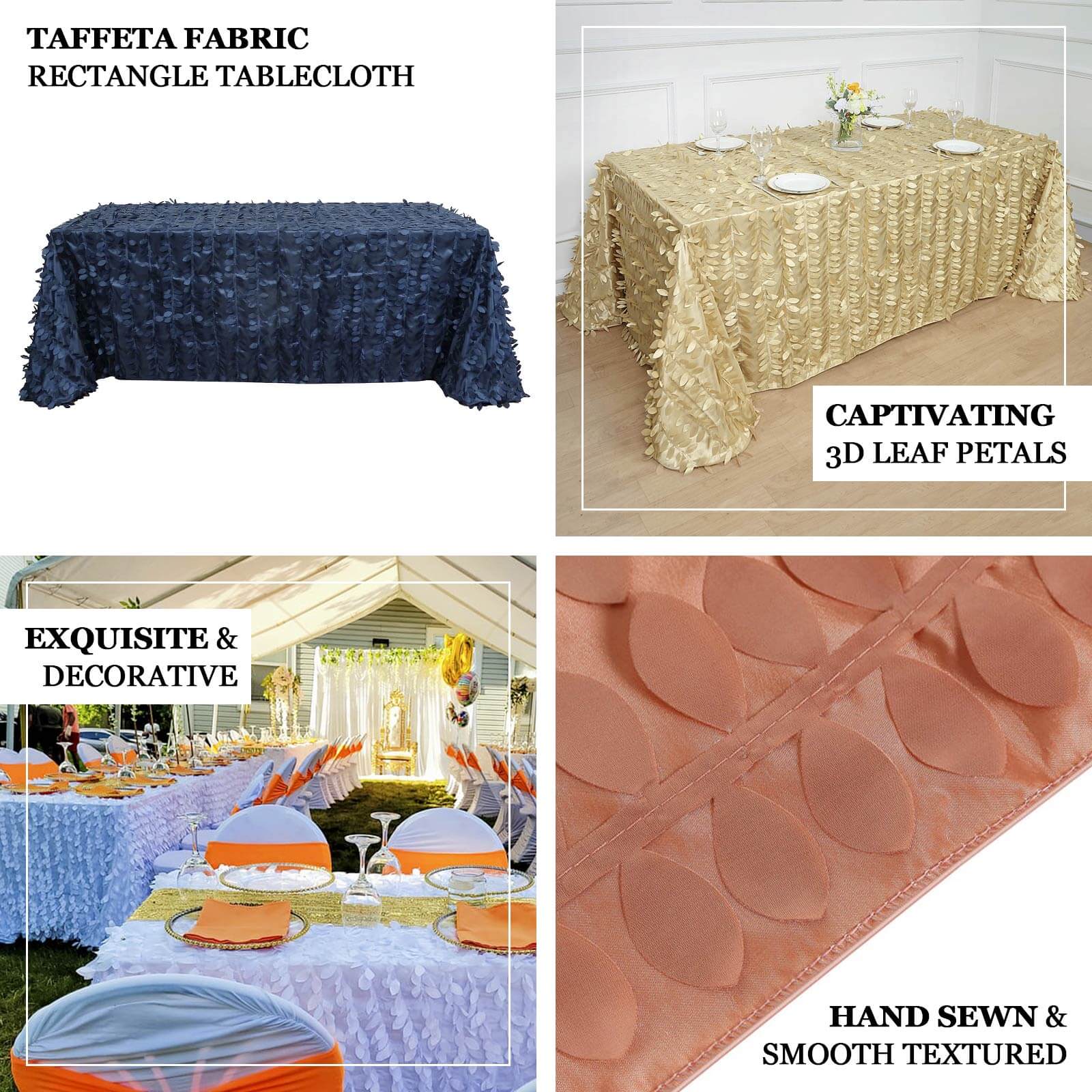 Taffeta Rectangle Tablecloth 90"x132" Beige - 3D Leaf Petal Seamless Table Cover - Image 4