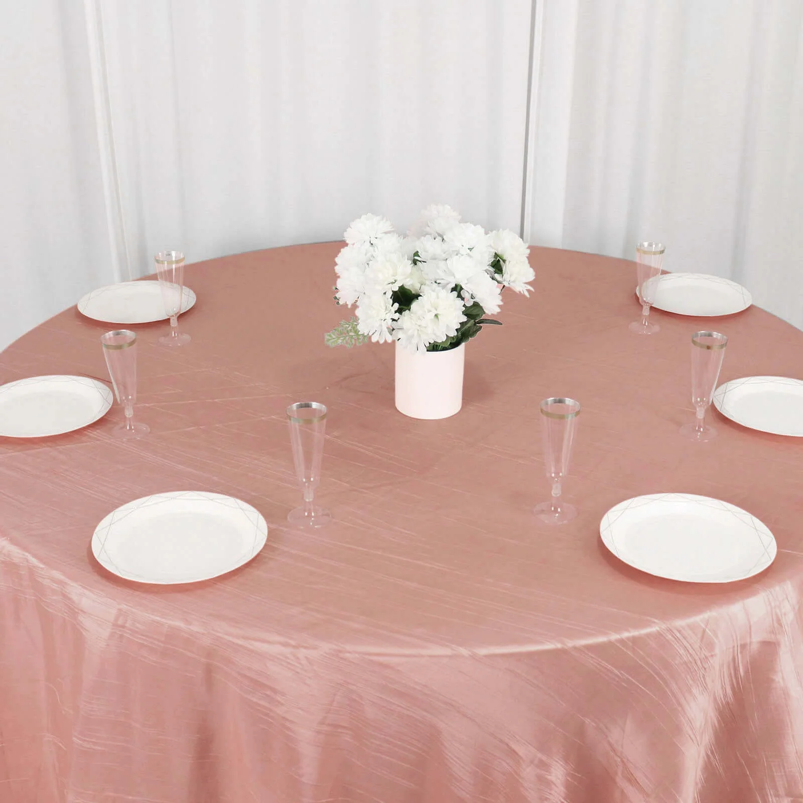 Taffeta Round Tablecloth 132" Dusty Rose Accordion Crinkle Table Cover - Image 2