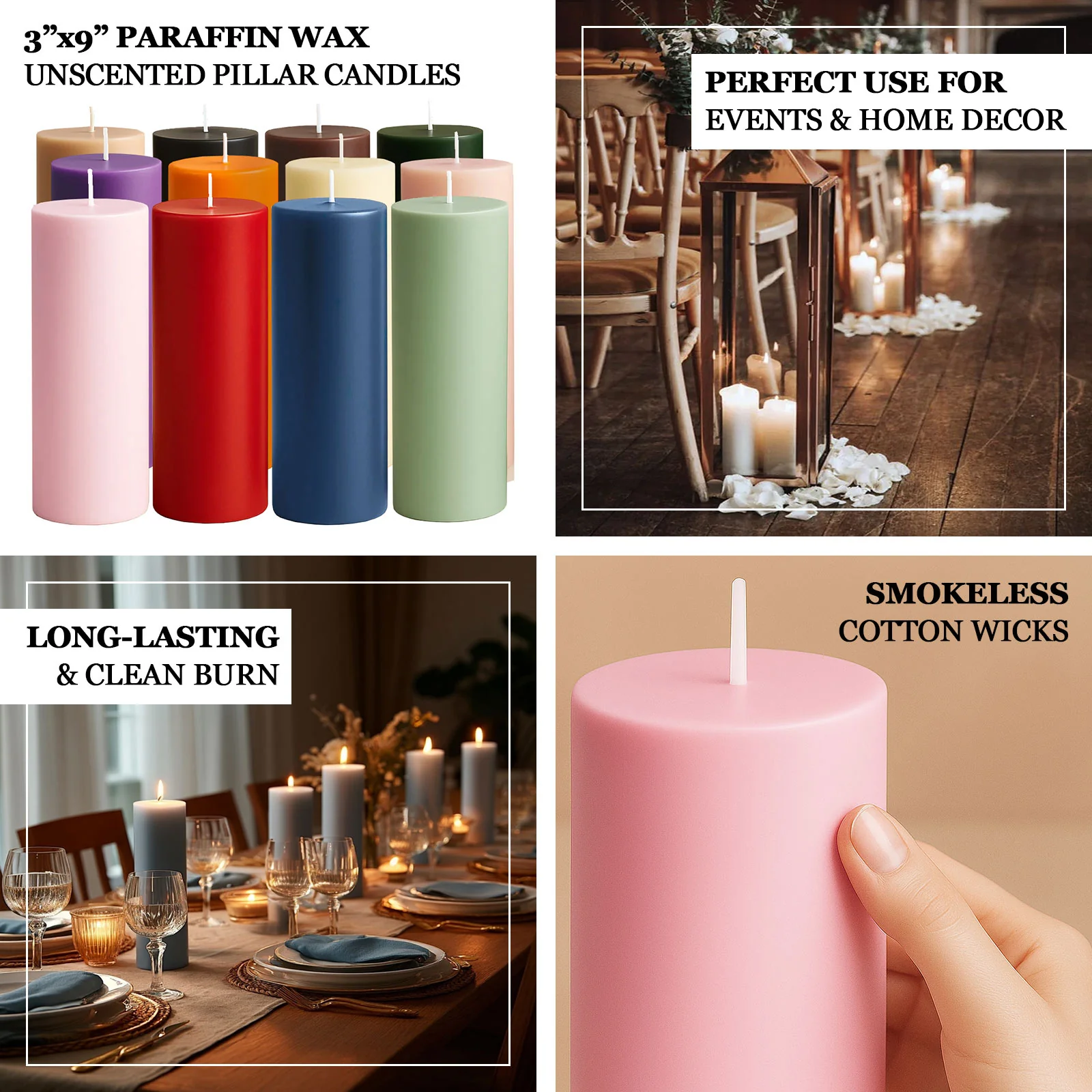 6-Pack Unscented Pillar Candles – Dripless 3"x9" Cinnamon Brown Paraffin Wax with Smokeless Cotton Wicks, Clean & Long-Lasting 90-Hour Burn - Image 4